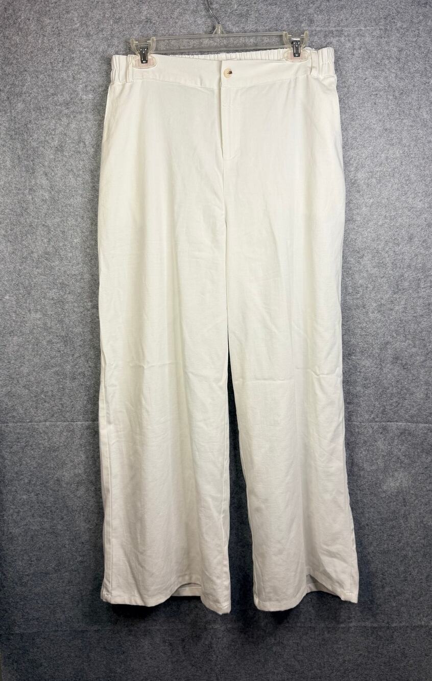 Women's White Wide Leg Pull On Fashion Pants Large Elastic Waist Rayon Blend